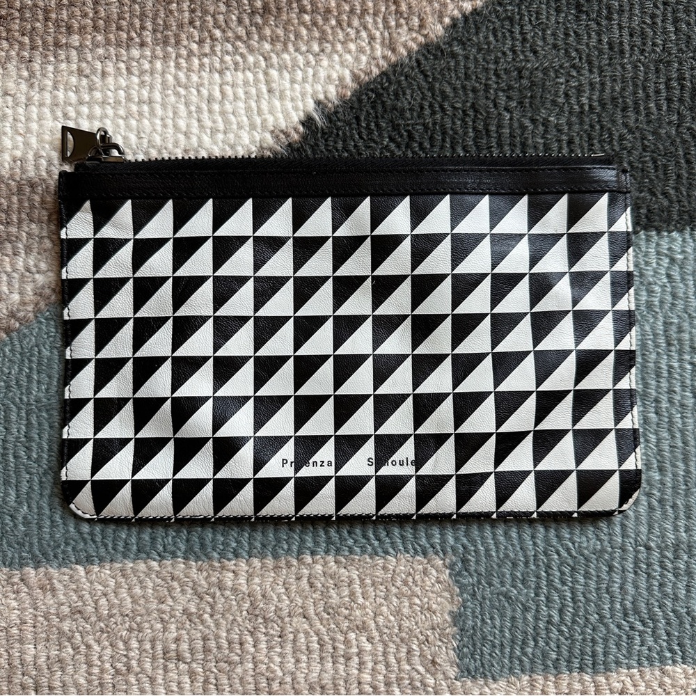 Proenza Schouler Black and White Triangle Print Leather Zip Pouch